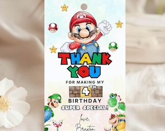 Watercolor Super Mario Party Favor Tag, ANY AGE Nitendo Boy Girl Birthday Thankyou Card, Editable Modern Mario Bross Game Gift Tag SMB01