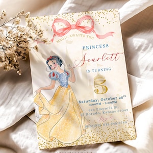 Prinses Sneeuwwitje aquarel verjaardagsuitnodiging, zeven dwergen elke leeftijd verjaardagsuitnodiging, Sparkle rood goud blauwe prinses uitnodigingskaart CANVA