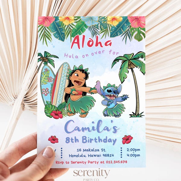 Faire-part d'anniversaire Lilo Stitch de tout âge, invitation d'anniversaire Aloha Hawaii Luau modifiable à tout âge, fête de plage Stitch CANVA LSB01