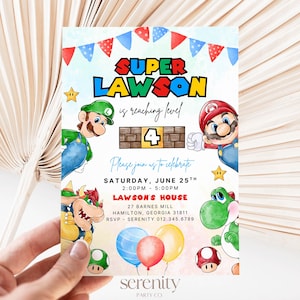 Aquarell Super Mario Geburtstagseinladung, JEDES AGE Nitendo Jungen-Mädchen-Geburtstag einladen, bearbeitbare moderne Mario Bross-Spieleinladung CANVA