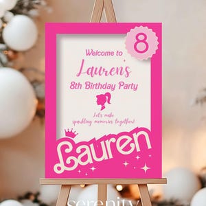 Op de afbeelding: Een roze en wit welkomsbord met de tekst "Welcome to Lauren's 8th Birthday Party" en een roze silhouet van een meisje met een paardenstaart. Het bord heeft ook de tekst "Let's make sparkling memories together!" en de naam "Lauren" in grote roze letters met een kroon en sterren.