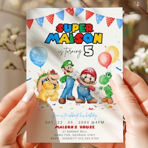 Aquarel Super Mario-verjaardagsuitnodiging, elke leeftijd Nitendo jongen meisje verjaardagsuitnodiging, bewerkbare moderne Mario Bross-speluitnodiging CANVA