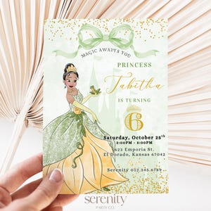 Princess Tiana Watercolor Birthday Invitation, Tiana and the Frog ANY AGE Birthday Invite, Sparkle Gold Green Princess Invite Instant CANVA