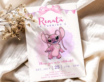 Pink Watercolor Stitch Birthday Invitation, ANY AGE Cute Pink Girl Stitch Birthday Invite, Stitch Party Invitation Instant CANVA