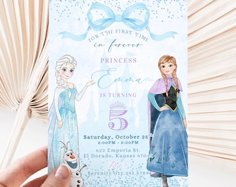 Princess Elsa Anna Watercolor Birthday Invitation, Frozen ANY AGE Birthday Invite, Sparkle Ice Snow Winter Princess Invitation Instant CANVA