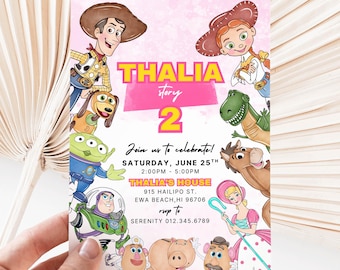 Watercolor Pink Toy Story Birthday Invitation, ANY AGE Cute Girl Story Birthday Invite, Buzz Woody Jessie Party Invitation Instant CANVA