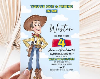 Sie haben einen Freund in mir Aquarell Toy Story Geburtstagseinladung, ANY AGE Junge Geschichte Geburtstag einladen, blaue Wolke Andi Toy Story Party CANVA
