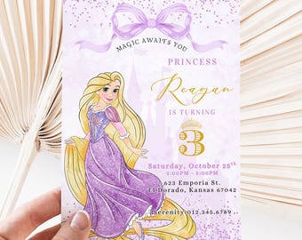 May include: A lavender princess-themed birthday invitation featuring a cartoon illustration of a princess with long blonde hair and a purple dress. The invitation includes the text "Magic Awaits You" and details for a third birthday party.