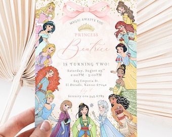 May include: A pink and gold invitation with a princess theme. The invitation features a collage of Disney princesses, a pink bow, and gold glitter. The text reads "Magic Awaits You Princess Beatrice is Turning Two! Saturday, August 25th 2:00 PM - 5:00 PM 623 Emporia St. El Dorado, Kansas 67042 Serenity 078.345.6789"