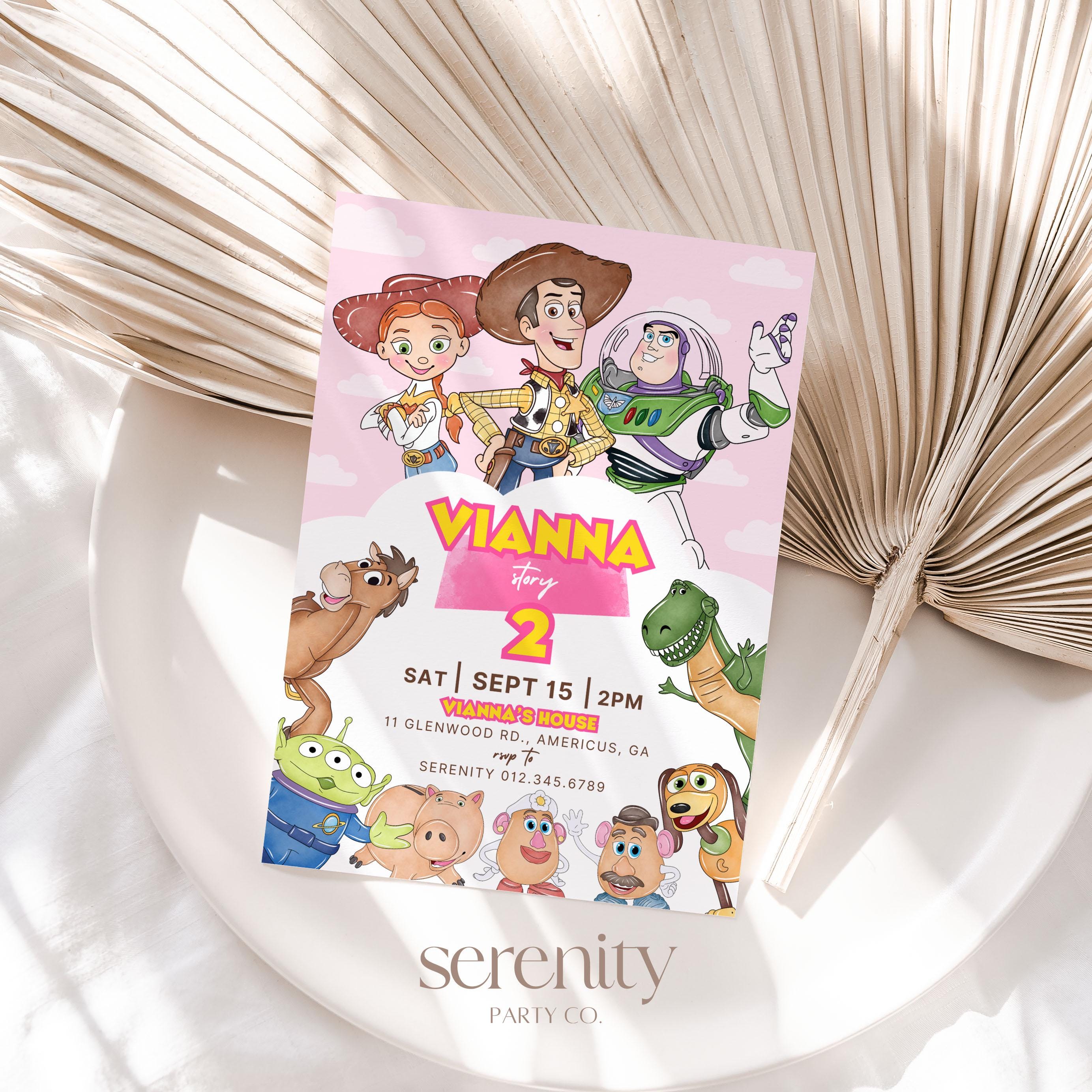 Watercolor Pink Toy Story Birthday Invitation, ANY AGE Cute Girl Story Birthday Invite, Buzz Woody Jessie Party Invitation Instant CANVA