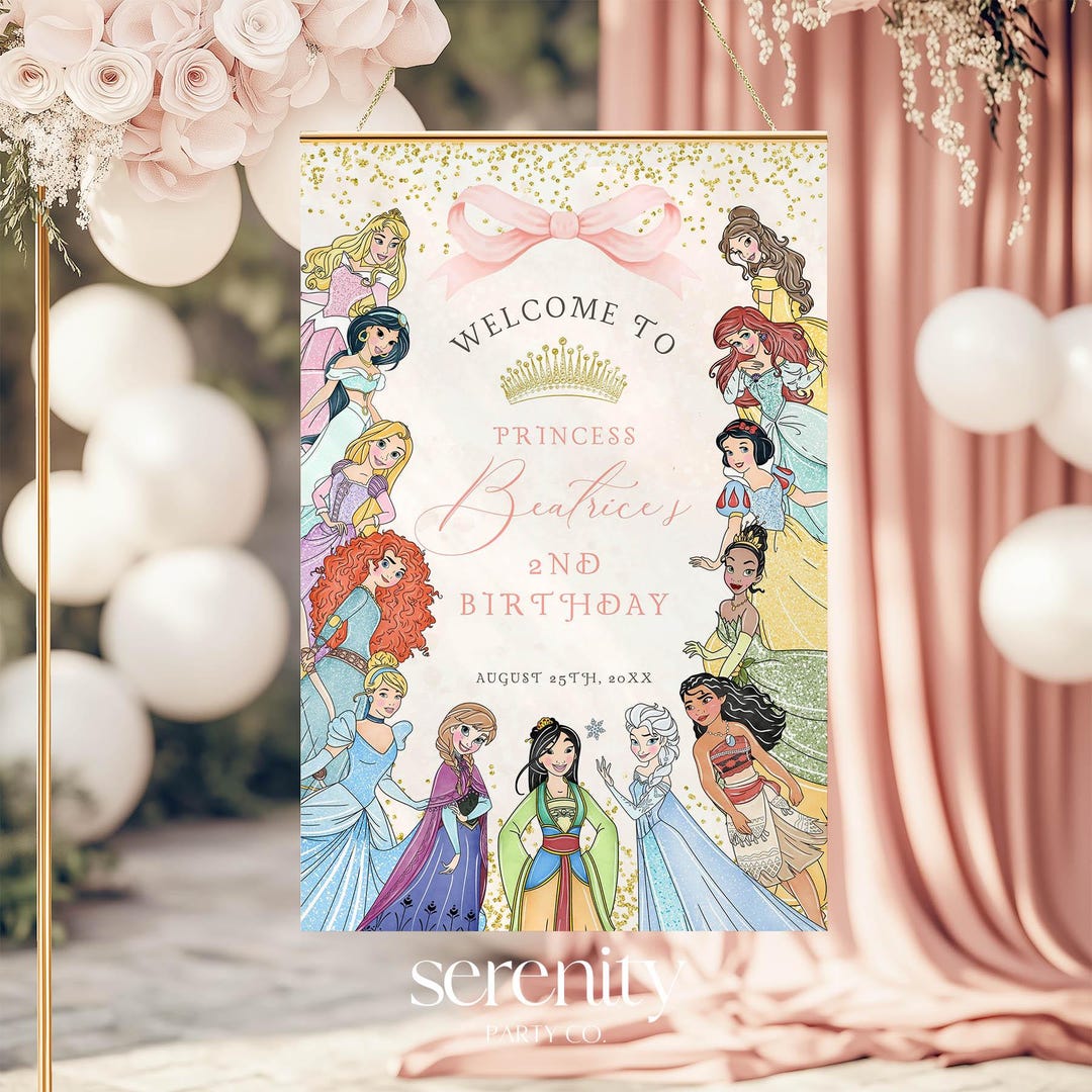 All Princesses Watercolor Birthday Welcome Sign, Girl Princess ANY AGE ...