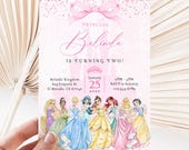 All Princesses Watercolor Birthday Invitation, Girl Princess ANY AGE Birthday Invite, Sparkle Pink Disney Invitation Instant Download CANVA