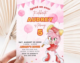 May include: Pink birthday party invitation featuring the text "Speed on over to celebrate AUDREY is turning 5." The invitation includes pink balloons, a banner, and a cartoon character. The party details are listed below.