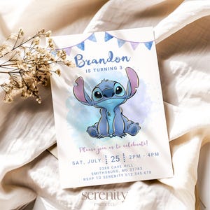 Blue Purple Stitch Birthday Invitation, ANY AGE Cute Boy Girl Stitch Birthday Invite, Neutral Stitch Party Invitation Instant CANVA