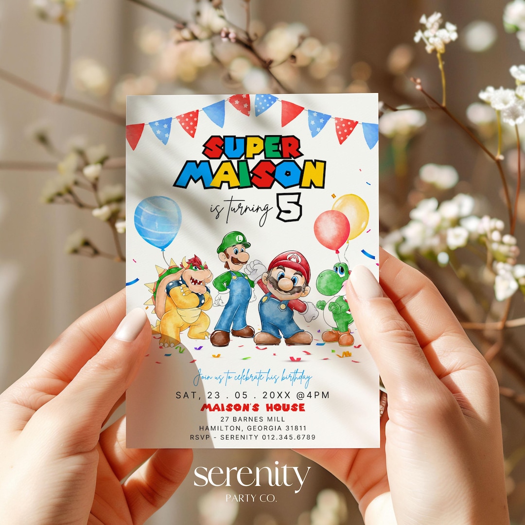 水彩画風スーパーマリオ誕生日招待状、年齢不問 ニンテンドー 男の子