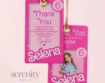 Fashion Pink Doll Thankyou Card, Photo Pink Doll Birthday Favor Tag, Pink Sparkle Party Thankyou Tag CANVA