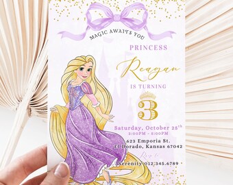 May include: A princess-themed birthday party invitation featuring a watercolor illustration of a princess with long blonde hair in a purple gown. The invitation includes the text "Magic Awaits You" and details for a third birthday party.