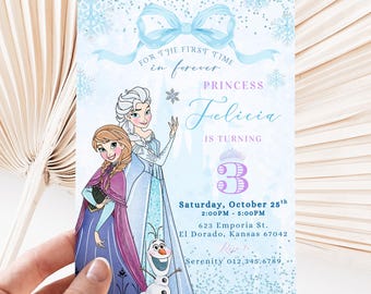 May include: A light blue and white invitation card featuring illustrations of Princess Elsa, Princess Anna, and Olaf from the movie Frozen. The card includes the text "For the first time in forever" and details for a birthday party.
