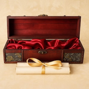 May include: Open wooden box with red satin lining and a gold clasp. The box is decorated with floral patterns on the sides. Two rolled scrolls tied with a gold ribbon are in front of the box.