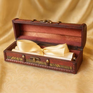 Op de afbeelding: Een kleine, open houten kist met een rol perkament vastgebonden met een gouden lint. De kist is bruin met gouden details en een messing sluiting. De rol is crèmekleurig en het lint is zachtgeel.