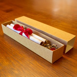 Può includere: Due rotoli arrotolati legati con un nastro rosso all'interno di una scatola di cartone marrone. La scatola è aperta e i rotoli sono visibili.