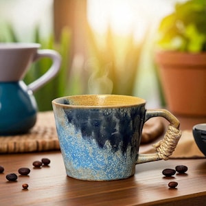 Retro Japanese Coffee Mug | Handmade Ceramic Pottery Cup | Rustic Kiln Glazed Drinkware | Wabi Sabi Tea Mug