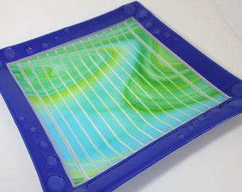 Fused Glass Platter of Stripes, Swirls and Bubbles