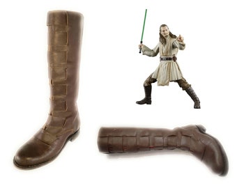 Custom Hand Made Star Wars Episode I The Phantom Menace TPM Jedi Master Qui Gon Jinn Brown Leather Boots