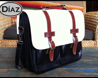 DIAZ Medium Geunine Leather Briefcase / Backpack Laptop Messenger  Bag Satchel in White / Brown / Black - (15in MacBook Pro)