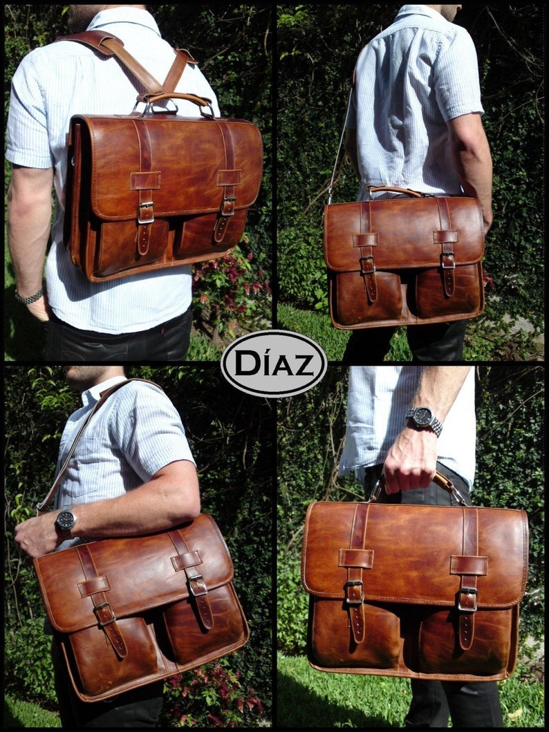 DIAZ Small Leather Messenger Briefcase / Backpack Laptop Bag Etsy