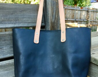 Black Leather Tote Bag with Veg Tan Leather Straps - Rustic Shoulder Tote Handbag