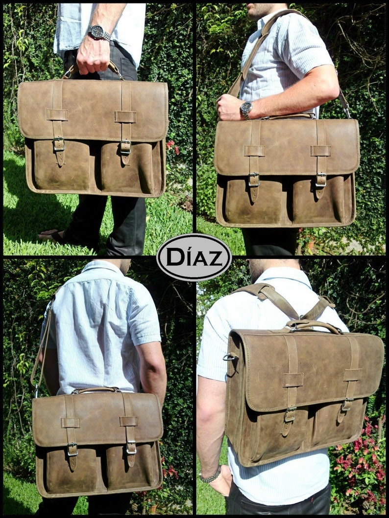 DIAZ Large Leather Messenger Briefcase / Backpack Laptop Bag Etsy
