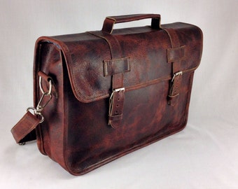 DIAZ 15" Genuine Leather Briefcase / Laptop Satchel / Messenger Shoulder Bag in Crazy Horse Dark Brown - MacBook Air Pro