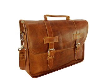 DIAZ Handmade Genuine Leather Briefcase / MacBook Laptop Satchel / Messenger Shoulder Bag in Crazy Horse Tanned Brown Gift Men / Women