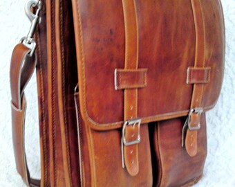 DIAZ Large Leather Messenger Satchel/Backpack Laptop Briefcase in Crazy Horse Tanned Brown - Free Monogramming