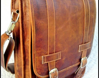 Small Leather Messenger Satchel / Backpack Laptop Bag in Crazy Horse Tanned Brown - (13in MacBook Pro / Air) - Free Monogramming