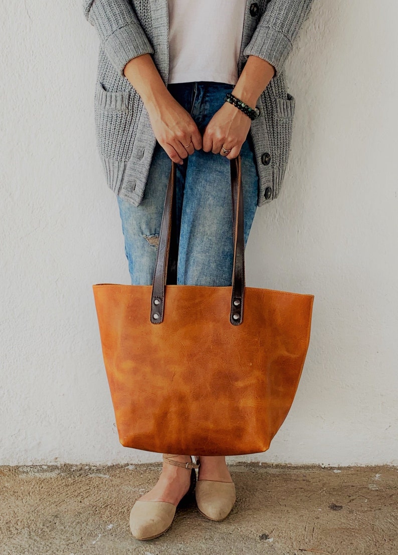 Leather Tote Bag in Crazy Horse Brown Rustic Rugged Shoulder Handbag image 1