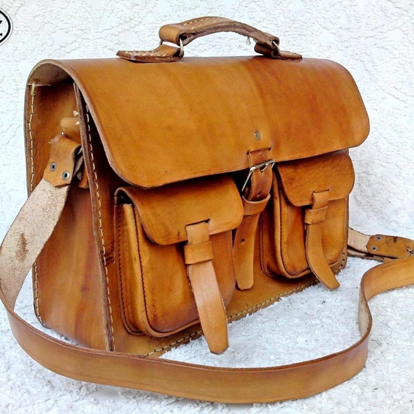 Light Tan Brown Rawhide Leather Messenger Laptop Satchel Bag  BBC2BG