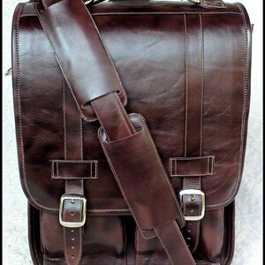 Large Geunine Leather Messenger Satchel / Backpack Laptop Bag in Antique Dark Brown 17in MacBook Pro image 3