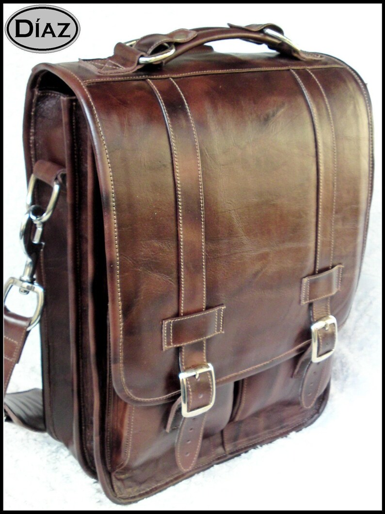 Large Geunine Leather Messenger Satchel / Backpack Laptop Bag in Antique Dark Brown 17in MacBook Pro image 1