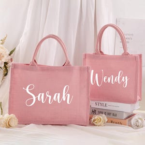 Gepersonaliseerde draagtas, jute tas met aangepaste naam, cadeaus bruidsmeisje, strandtas, strandtas bruidsmeisje, strandfeesttas bruidsmeisje, cadeau bruidsfeest, bedanktas