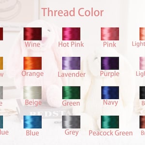 May include: A color chart titled "Thread Color" displays a variety of thread colors, including red, wine, hot pink, pink, light orange, yellow, orange, lavender, purple, light pink, white, beige, green, navy, black, baby blue, blue, grey, peacock green, and brown.