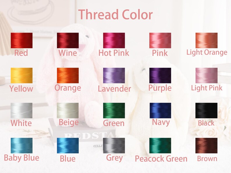 May include: A color chart titled "Thread Color" displays a variety of thread colors, including red, wine, hot pink, pink, light orange, yellow, orange, lavender, purple, light pink, white, beige, green, navy, black, baby blue, blue, grey, peacock green, and brown.