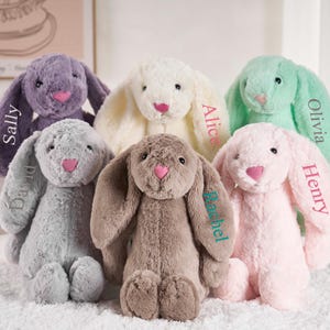 May include: Six soft toy bunny rabbits in pastel shades of lavender, cream, mint green, grey, brown, and pink. Each has a pink nose and a name embroidered on an ear. These plush toys are designed to be cuddly and are suitable for children.