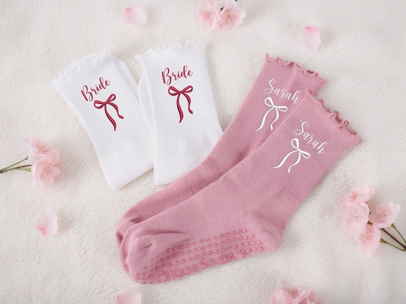 Custom Bridesmaid Ruffle Yoga Socks, Personalized Pilates Socks with name, Embroidered Socks, Wife Grip Socks, Party Favor Gift for Her