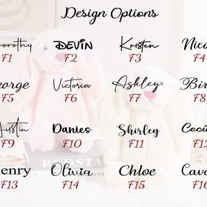 May include: Two plush bunny rabbits, one pink and one white, are displayed with various name options in elegant script. The text "Design Options" is at the top. Names include Dorothy, Devin, Kristen, Nicole, George, Victoria, Ashley, Birtin, Austin, Danies, Shirley, Cecilia, Henry, Olivia, Chloe, and Cavan.
