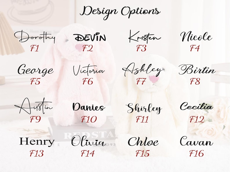 May include: Two plush bunny rabbits, one pink and one white, are displayed with various name options in elegant script. The text "Design Options" is at the top. Names include Dorothy, Devin, Kristen, Nicole, George, Victoria, Ashley, Birtin, Austin, Danies, Shirley, Cecilia, Henry, Olivia, Chloe, and Cavan.
