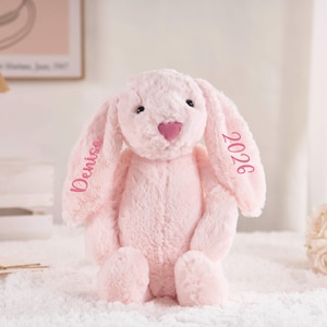 May include: A soft, pink plush bunny with long ears and a heart-shaped nose. The name "Denise" and the year "2026" are embroidered on the ears. The bunny is sitting on a white surface.