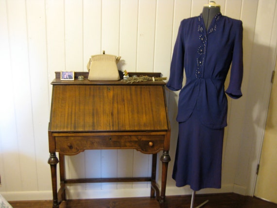 Royal Blue 1940s Dress with Peplum
