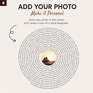 May include: A circular text design featuring the words ADD YOUR PHOTO Make it Personal and Insert any photo in the centre and create a one-of-a-kind keepsake. The text spirals around a central circular photograph of two people at sunset.